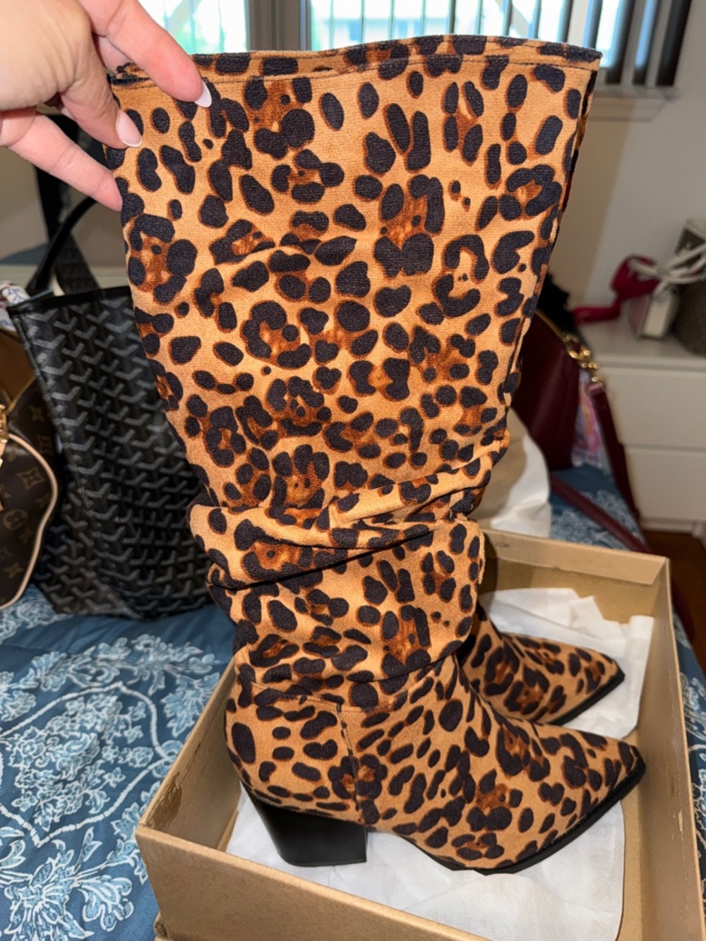 SHEIN Leopard Knee Slouchy Boots - Brown & Black, size 38 fits women size 7.5